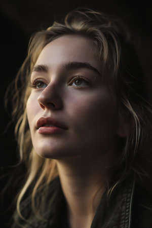 Portrait of a beautiful young woman with long blond hair on a dark backgroundの素材