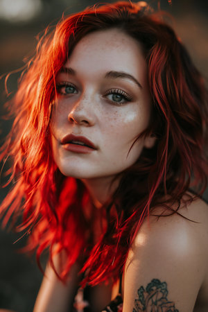 Close-up portrait of a beautiful young woman with red hair.の素材
