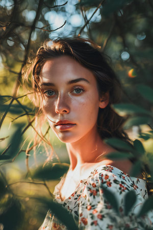 Portrait of a beautiful young woman with natural makeup in the gardenの素材