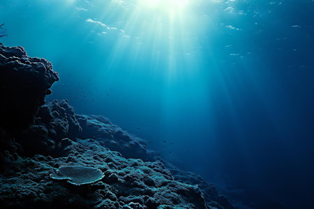 Underwater view of coral reef with sunbeams and sunbeamsの素材