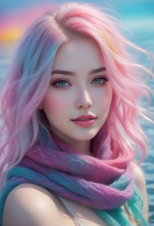 beautiful girl with pink hair and blue scarf on the beach at sunsetの素材