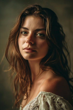 Closeup portrait of a beautiful young woman with long wavy hairの素材