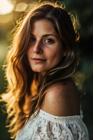 Portrait of a beautiful girl with long hair in a white dressの素材