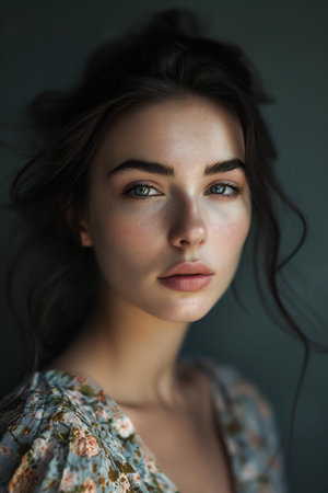 Portrait of a beautiful young brunette woman with long hair.の素材