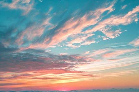 Sunset sky background with clouds. Beautiful nature landscape with sunrise and sunset.の素材