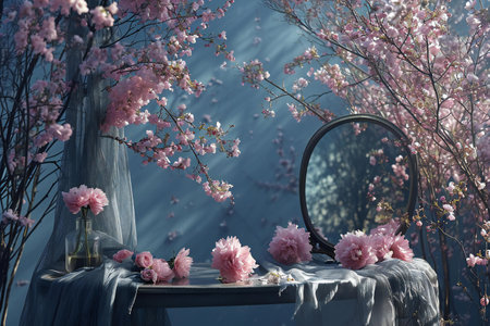 Beautiful pink magnolia flowers and mirror on the table. Vintage styleの素材