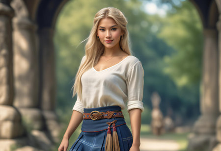 Portrait of a beautiful young woman with long blond hair, dressed in a white blouse and blue skirt, posing in the park.の素材