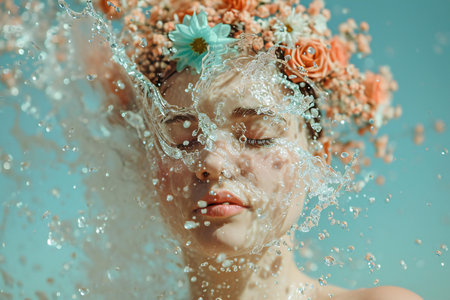 Beautiful young woman with flowers in hair and splashes of waterの素材