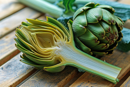Fresh artichokes on wooden table, closeup. Healthy food conceptの素材