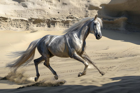 White stallion running in the desert on a hot summer day.の素材