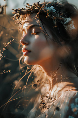 Portrait of a beautiful girl with a wreath on her headの素材