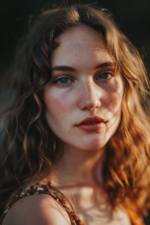 Portrait of a beautiful young woman with long curly hair and frecklesの素材