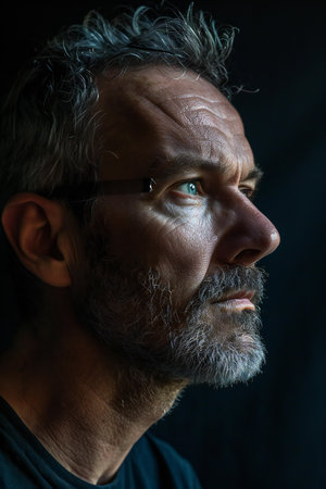 portrait of a man with a gray beard and mustache on a black backgroundの素材
