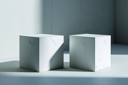 two white concrete cube stand on concrete floor and shadow on the wallの素材