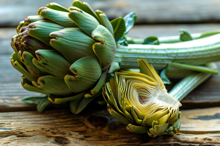 Fresh artichokes on wooden background. Selective focus. Copy space.の素材