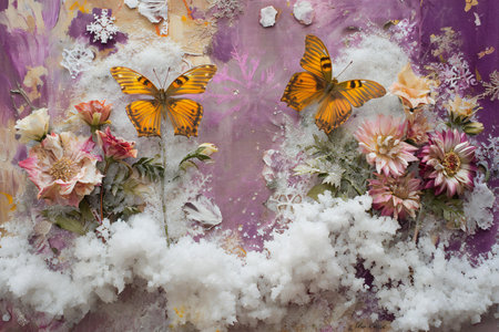 Beautiful flowers and butterflies in the snow on a pink background.の素材