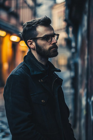 Handsome young man with beard wearing sunglasses and coat in an urban contextの素材