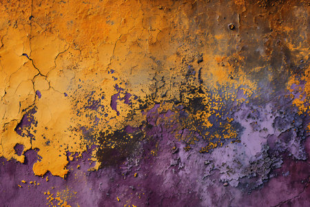 Texture of old rustic wall covered with yellow and purple stuccoの素材