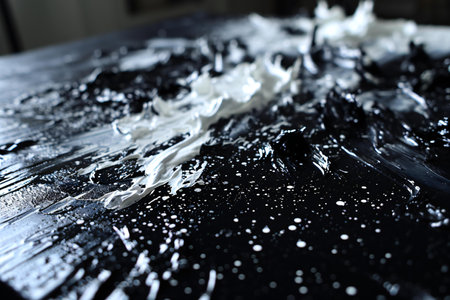 White paint splashing on black wooden table, close-up.の素材