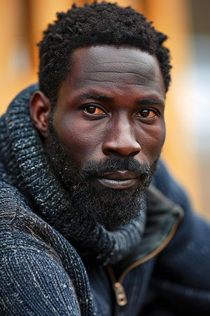 Portrait of a black man with a beard in the street.の素材