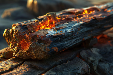 Burning wood in the evening sun, close-up of burning woodの素材