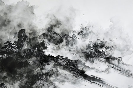 Abstract black and white watercolor splash on paper. Digital art painting.の素材