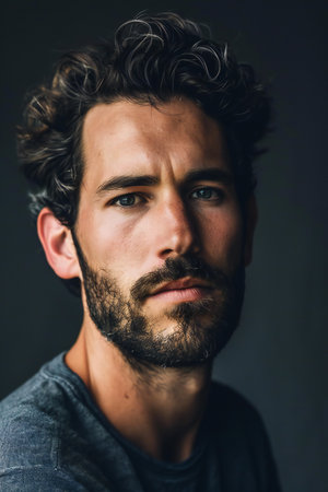 Portrait of a handsome young man with a beard on a dark backgroundの素材