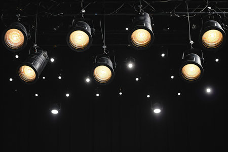 light bulbs on the stage with black curtain and spotlights in the backgroundの素材