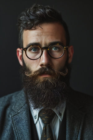 Portrait of a handsome young man with a long beard and mustache wearing glassesの素材