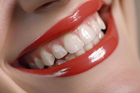 Close-up of beautiful woman smile with healthy teeth and red lips.の素材