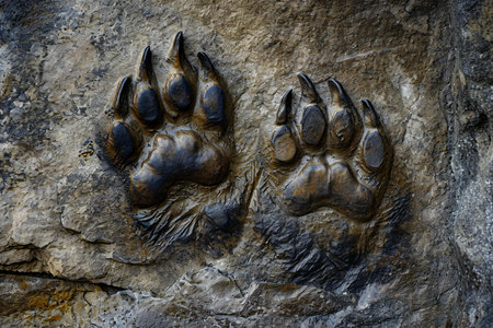 Close up of the paw prints of a dog on a rock.の素材