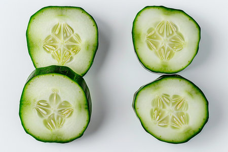 Cucumber slices isolated on white background. Top view, flat layの素材