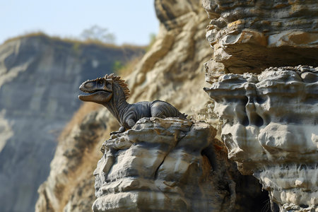 Tyrannosaurus rex dinosaur standing on a rock in the parkの素材