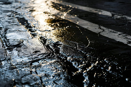 Raindrops on the asphalt road in the evening. Abstract background.の素材