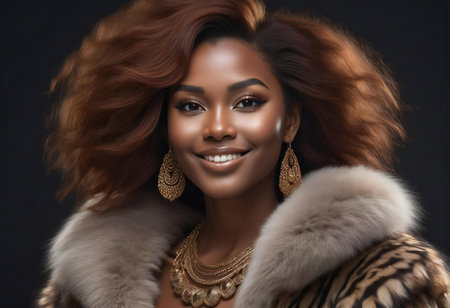 Fashion portrait of young beautiful african american woman in fur coatの素材