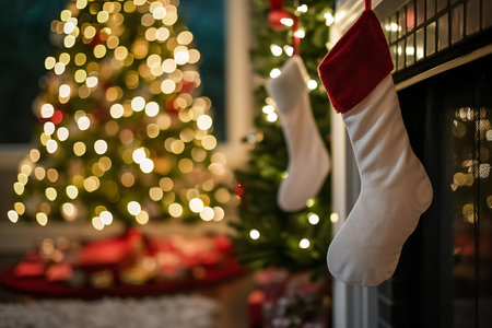 Christmas socks hanging on window sill with Christmas tree in background at homeの素材