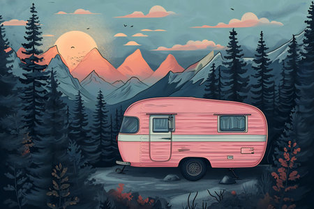 Hand drawn illustration of a camper in the mountains at sunset.の素材