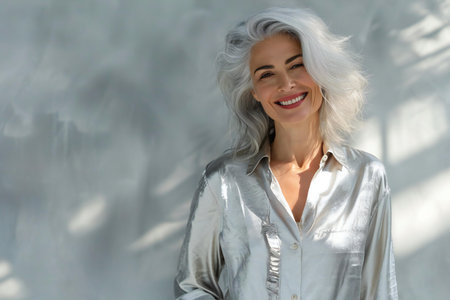 Beautiful blonde woman in a white shirt on a gray background.の素材