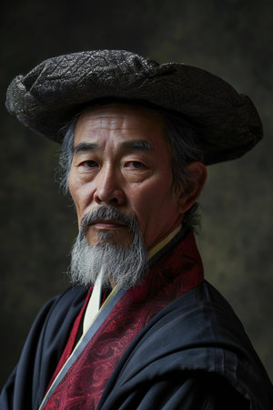 Portrait of a senior Chinese man in traditional costume with a gray beardの素材