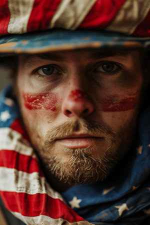 Portrait of a man with a painted face in the American flagの素材