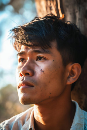 Portrait of young asian man looking at the camera, outdoor shotの素材