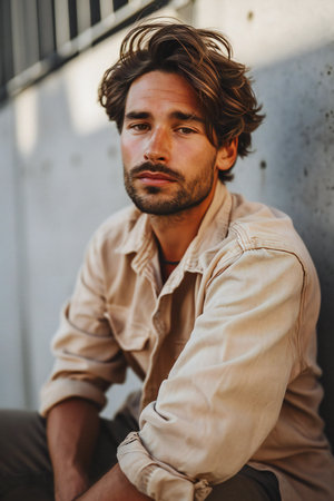 Handsome young man in a beige shirt, sitting on the street, looking at the cameraの素材