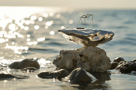 Swing on a stone in the sea, closeup of photoの素材