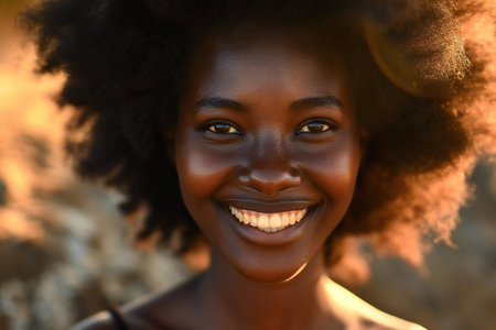 Close up portrait of a beautiful african american woman smiling outdoorsの素材