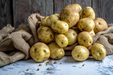 Raw potatoes on rustic wooden background, selective focus, copy spaceの素材