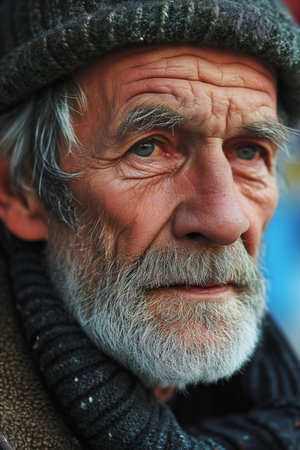 Portrait of a senior man with gray beard and gray hair in winter clothesの素材