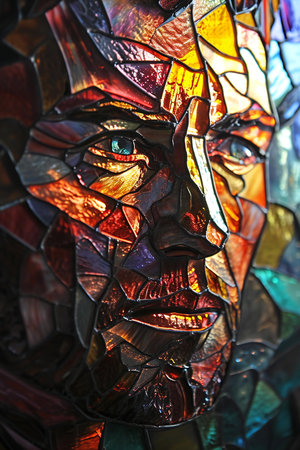 Colorful stained glass window in a church, closeup of photoの素材
