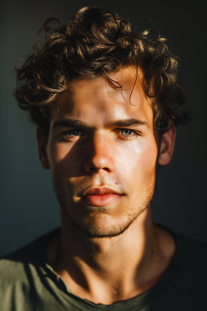Portrait of a handsome young man with curly hair. Men's beauty, fashion.の素材