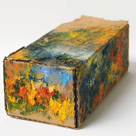 Old box with oil paint on a white background, close-upの素材
