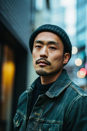 Portrait of a handsome asian man in the city. Men's beauty, fashion.の素材
